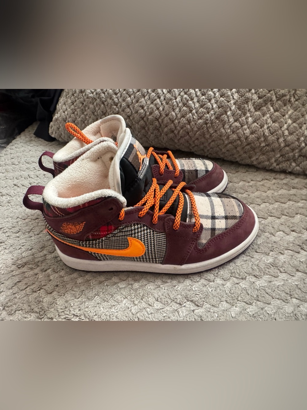 Nike Kids Maroon Plaid High-Top Sneakers with Orange Swoosh and Laces